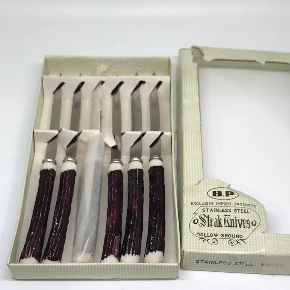 6 Piece Stainless Steel Steak Knives Hollow Ground Vintage Original Box Japan